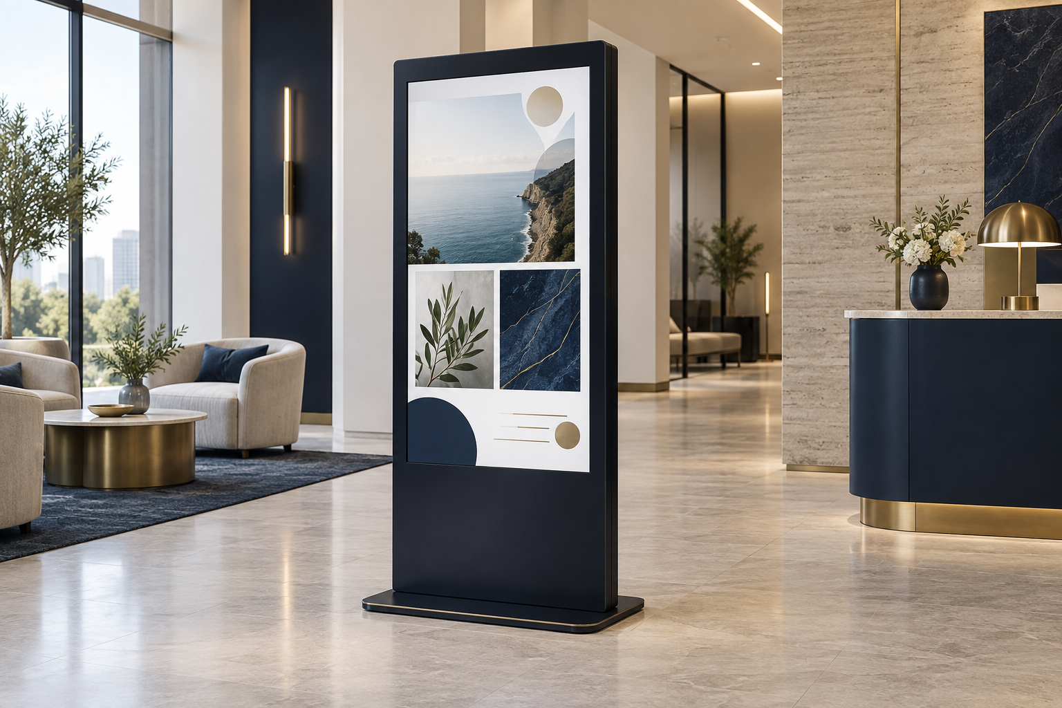 Freestanding digital kiosk in a modern reception area